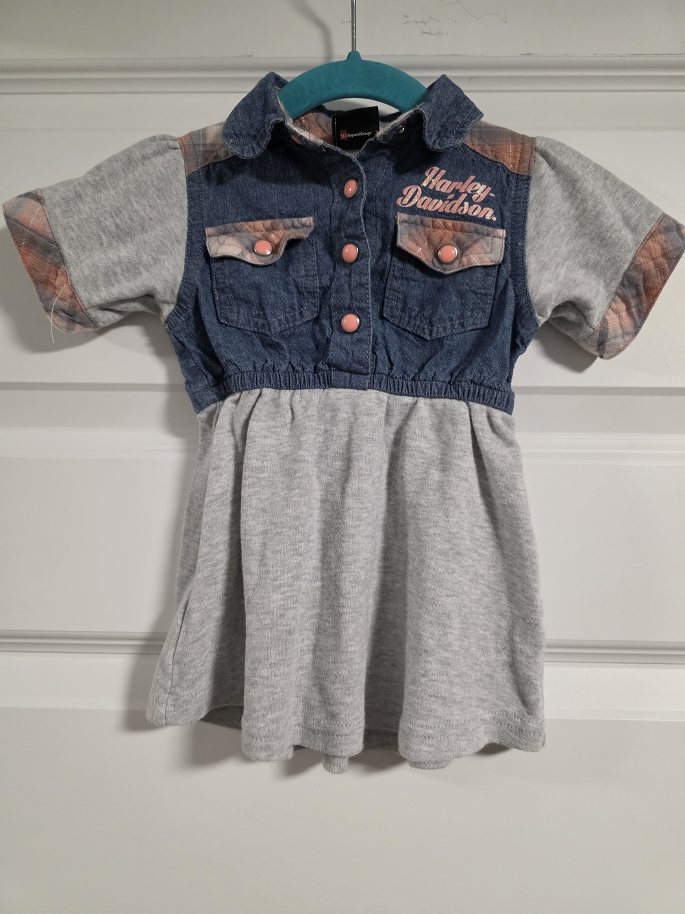 Vintage Harley-Davidson Denim & Grey Dress with Pink Buttons